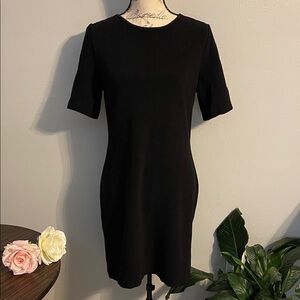 Mario Serrani Black Ribbed Sheath Dress | Italian Minimalist Short Sleeve Medium